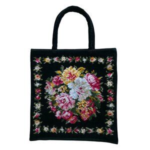 VTG FEILER Black Velour Velvet Floral Tapestry Tote Hand Bag - Made In Germany